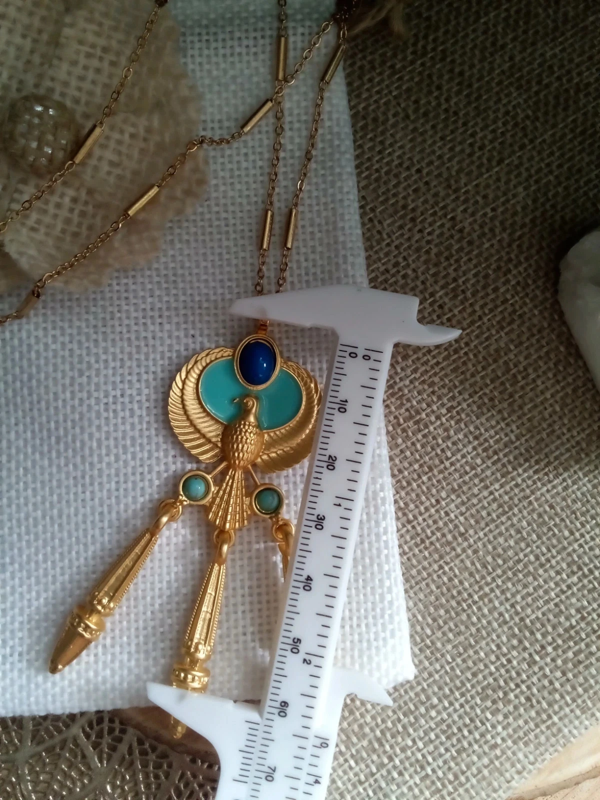 Golden Egyptian Scarab Beetle Necklace with Lapis Lazuli Stone – photo 2